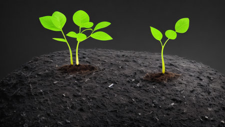 Green shoots grow on dried black mud, environmental protection conceptの素材