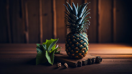 Green leaf pineapple with wooden table and wall, blurred backgroundの素材