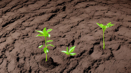 Green shoots grow on dried coffee-colored mud, environmental protection conceptの素材