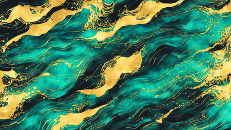 The watercolor emerald green water with golden sand, luxury and mystery conceptの素材
