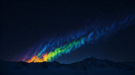 Beautiful colored nebulae with shooting stars in the sky above the dark blue mountainsの素材