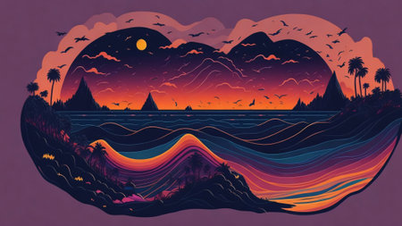 Cartoon style red blue rainbow gradient coast at sunsetの素材