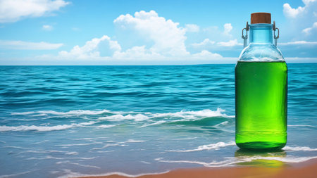 Glass bottle with green liquid on the clear beachの素材