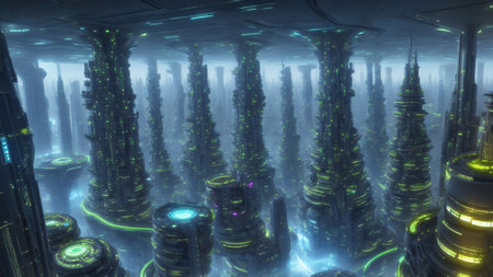 Futuristic high-tech city, high-speed data transmission automation conceptの素材