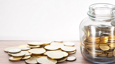 Coins in a glass jar on a wooden table, Saving money conceptの素材