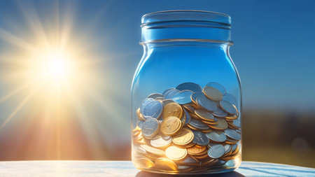 Glass jar with coins on the table, sun backgroundの素材