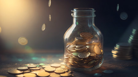 Coins in glass jar with bokeh sun light background, Saving money conceptの素材