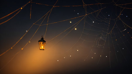 Halloween background with cobweb and lantern at night, Space for textの素材