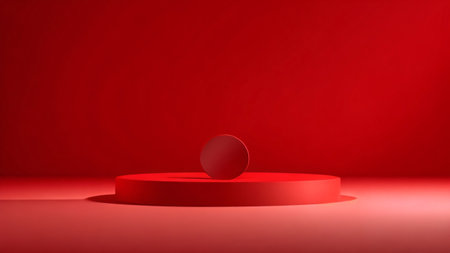 Abstract red background with round podium, 3d render, 3d illustrationの素材