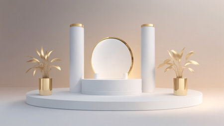 white Podium for show product, golden decoration, pastel backgroundの素材