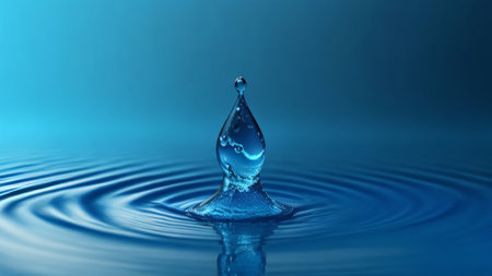Water drop close up with ripples and waves on blue backgroundの素材