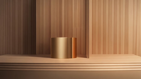 3d rendering of golden wooden podium for product presentation. Minimal scene.の素材