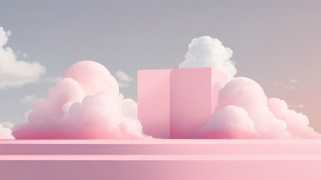 3d render of pink podium with white clouds in the skyの素材