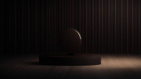 dark wooden podium for product placement in the dark room, 3d renderの素材