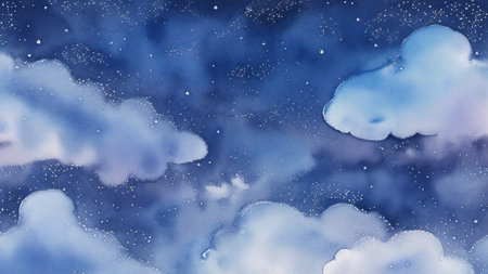 blue gradient watercolor illustration of a night sky with clouds and stars. Hand drawnの素材