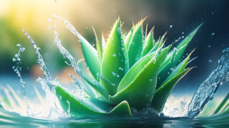 Aloe vera plant with water splash, close upの素材