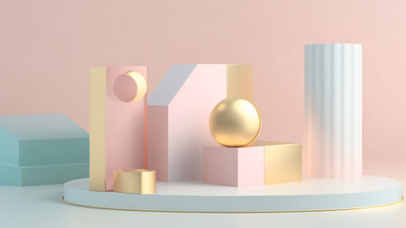 Glossy luxury pastel colors podium with gold, 3d render of minimal geometric formsの素材
