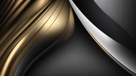 3d render of abstract wavy metallic background with black and gold elementsの素材
