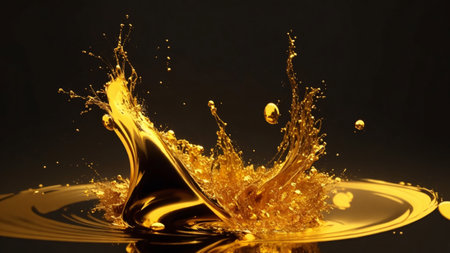 Splash of golden liquid and water waves, black backgroundの素材
