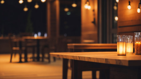Empty wooden table and chairs in restaurant at night, bokeh backgroundの素材