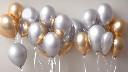 Golden silver balloons and white background events wedding sale happy atmosphereの素材