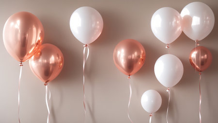 Rose gold, white balloons and white background events wedding sale happy atmosphereの素材
