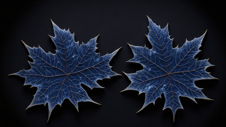 Blue iced maple leaves on black background. 3d render illustration.の素材