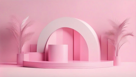 3d rendering of abstract geometric forms, Pink podium for product presentationの素材