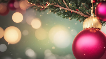 Christmas background with Christmas tree and red baubles on bokeh backgroundの素材
