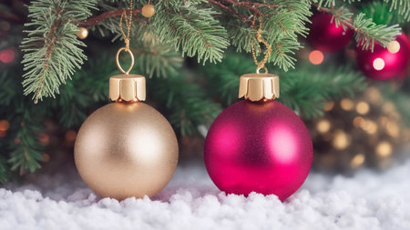 Christmas background. happy New Year. Selective focus Holiday bokeh. red gold baubleの素材