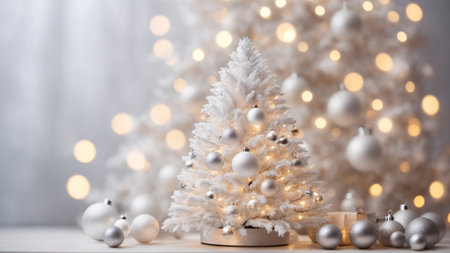 White Christmas tree on a background of bokeh lights and baublesの素材