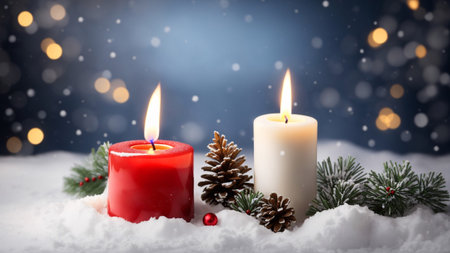 Christmas decoration with burning candles, fir branches and snow on dark backgroundの素材