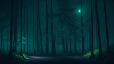 Deep green forest at night, moon above, blurred backgroundの素材