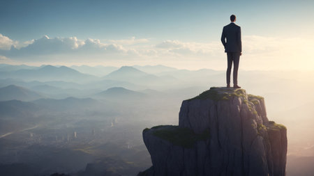 Businessman standing on top of a mountain and looking at the cityの素材