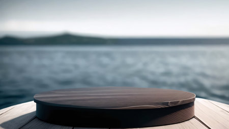 Wooden Table Top Of The View Of The Sea Or The Beach, podiumの素材