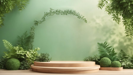 3d render of wooden product display podium and green nature background.の素材