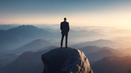 Businessman standing on top of a mountain and looking into the distanceの素材