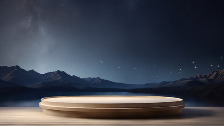 Wooden podium on a wooden table in front of a beautiful night landscape. 3d renderingの素材