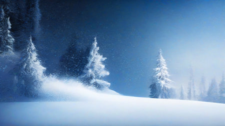 Winter landscape with snow covered fir trees. Panoramic image.の素材