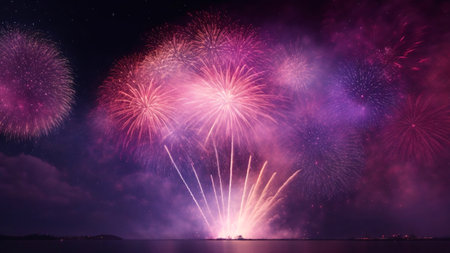 Colorful fireworks of various colors over night sky with sea background.の素材