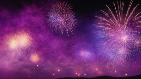 Colorful fireworks of various colors over night sky, celebration and anniversary conceptの素材
