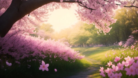 Cherry blossoms in the park at sunset. Spring background.の素材