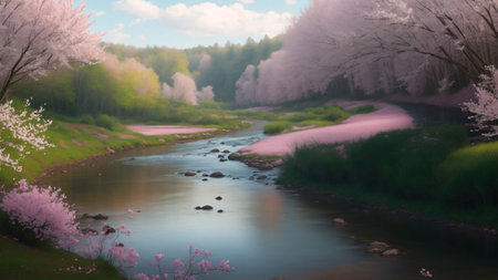 Cherry blossoms in full bloom over a river in the springの素材
