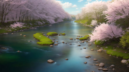 Cherry blossoms in full bloom over the river. Spring landscapeの素材
