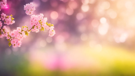 Blossoming branch of sakura on a blurred background with bokeh. copy spaceの素材