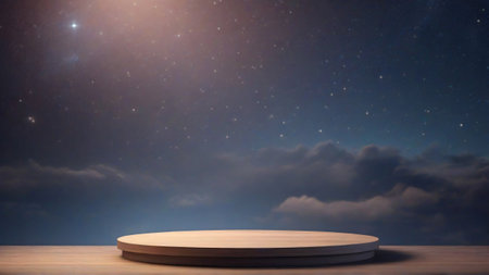 Wooden podium on the background of the night sky. 3d renderingの素材