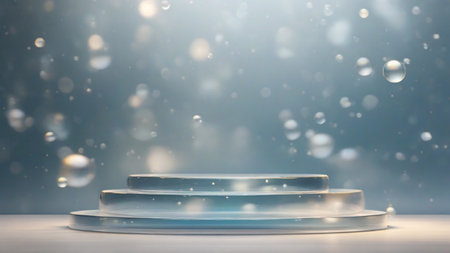 blue water transparent podium on a blue transparent bubbles bokeh background, 3d renderの素材