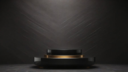 black gold podium on dark background. Platform for product display. 3d renderの素材
