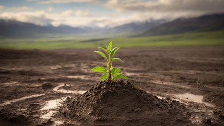 Green sprout growing from soil on a background of mountains and clouds. Ecology concept. Earth Dayの素材