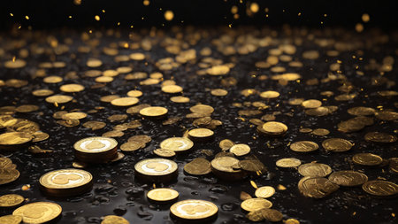 Gold coins on a dark background with water drops. 3d renderingの素材